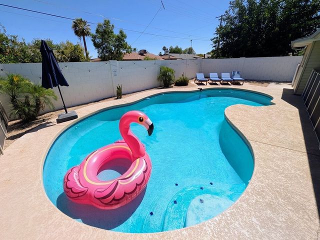 Private pool with a pink flamingo float and lounge chairs